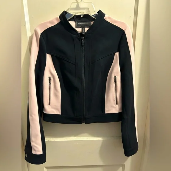 NWY BCBG MAXAZRIA Hugo cropped moto jacket color blocked pink black medium - Picture 1 of 6